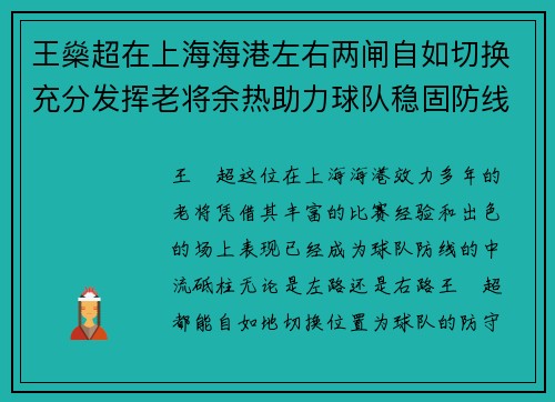 王燊超在上海海港左右两闸自如切换充分发挥老将余热助力球队稳固防线
