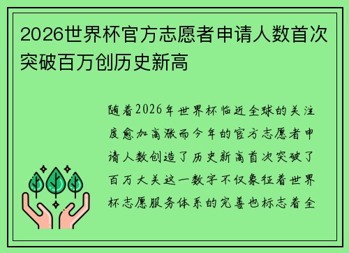 2026世界杯官方志愿者申请人数首次突破百万创历史新高 2026世界杯官方志愿者申请人数首次突破百万创历史新高
